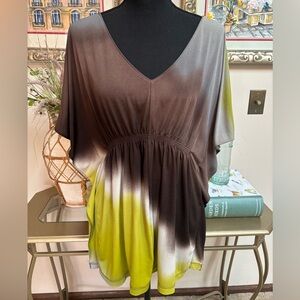 Worthington Ombre Brown and Green V-Neck Blouse Empire Kaftan Style Tunic Size M